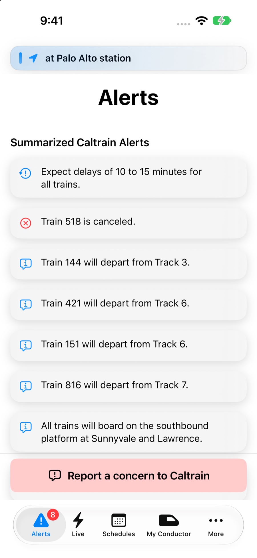 Current Caltrain Companion app showing summarized train delays, cancellations, and track assignments