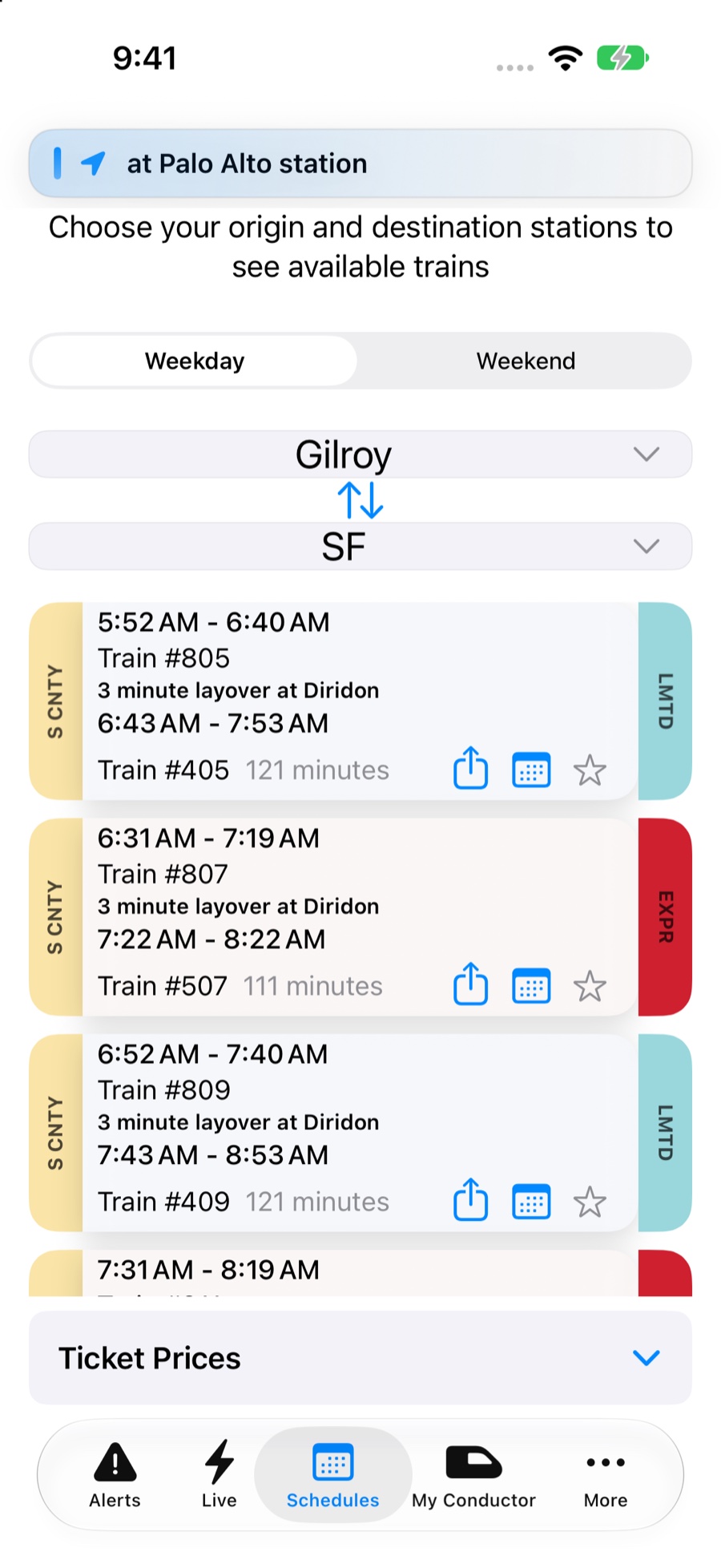 Current Caltrain Companion app showing the trip planner and train schedules